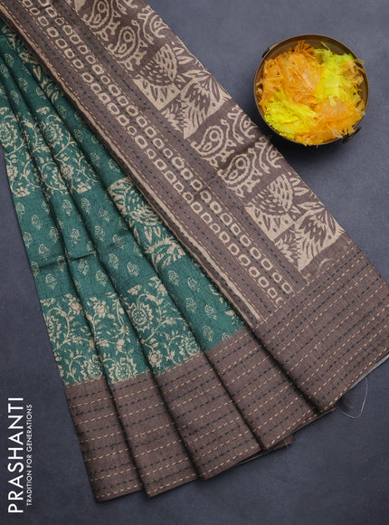 Semi tussar saree maroon shade and greyish brown with allover batik prints and katha stitch work pallu & border