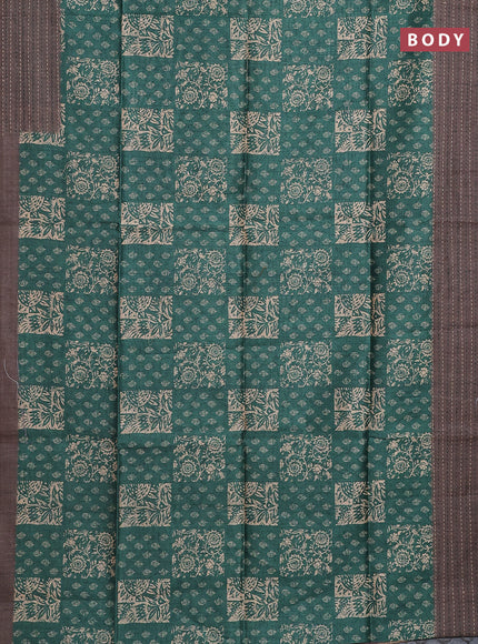 Semi tussar saree maroon shade and greyish brown with allover batik prints and katha stitch work pallu & border