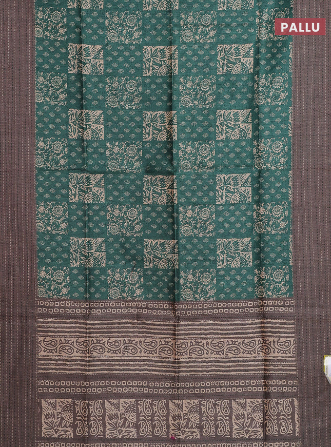 Semi tussar saree maroon shade and greyish brown with allover batik prints and katha stitch work pallu & border