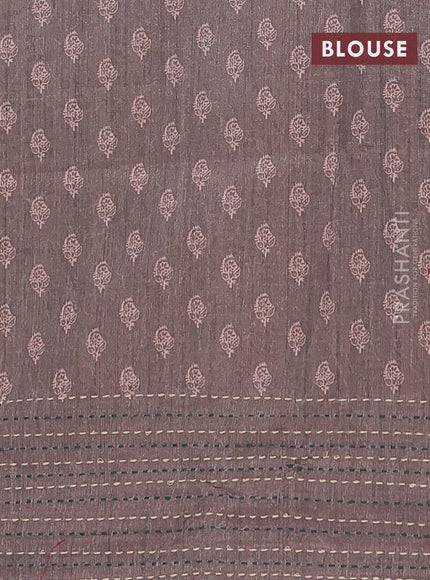 Semi tussar saree maroon shade and greyish brown with allover batik prints and katha stitch work pallu & border