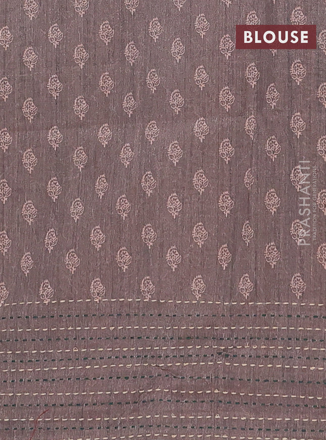 Semi tussar saree maroon shade and greyish brown with allover batik prints and katha stitch work pallu & border