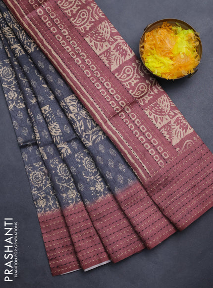 Semi tussar saree grey and maroon with allover batik prints and katha stitch work pallu & border