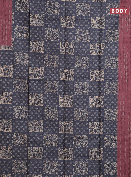 Semi tussar saree grey and maroon with allover batik prints and katha stitch work pallu & border
