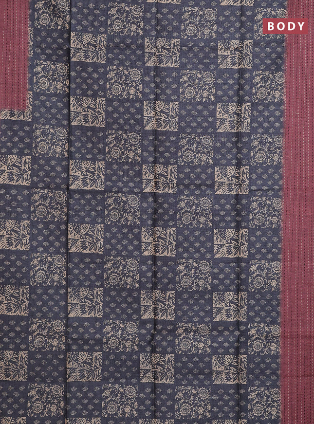 Semi tussar saree grey and maroon with allover batik prints and katha stitch work pallu & border