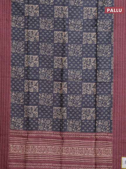 Semi tussar saree grey and maroon with allover batik prints and katha stitch work pallu & border