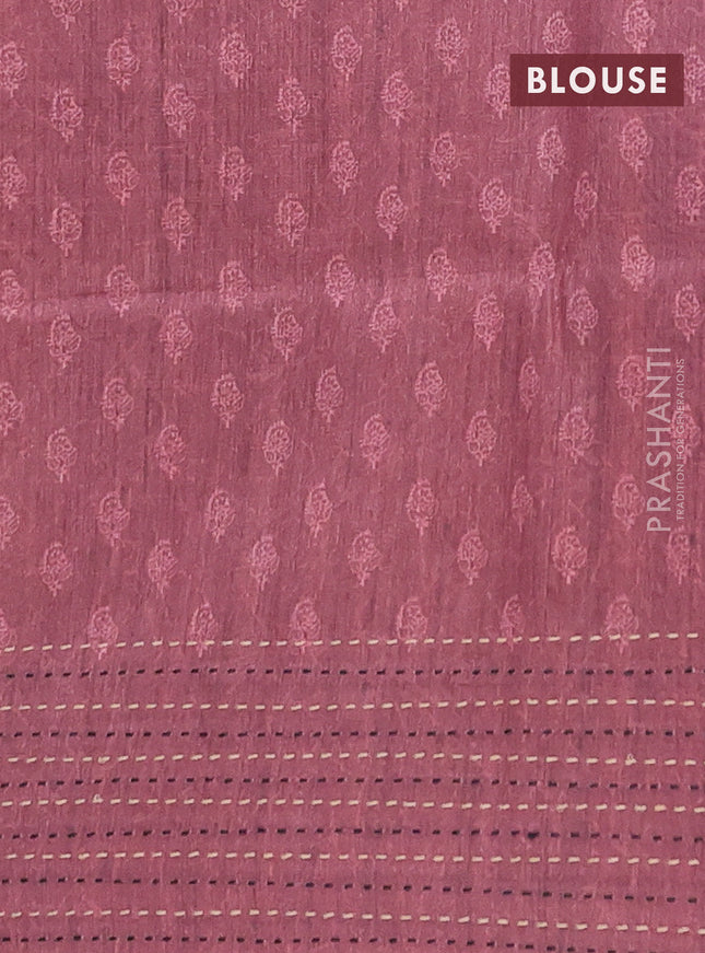 Semi tussar saree grey and maroon with allover batik prints and katha stitch work pallu & border