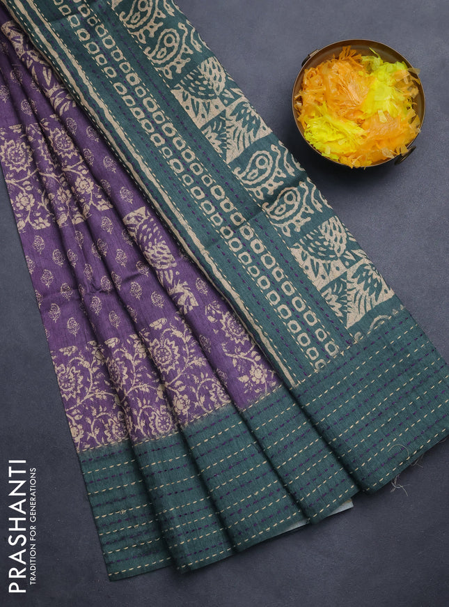 Semi tussar saree purple and dark green with allover batik prints and katha stitch work pallu & border