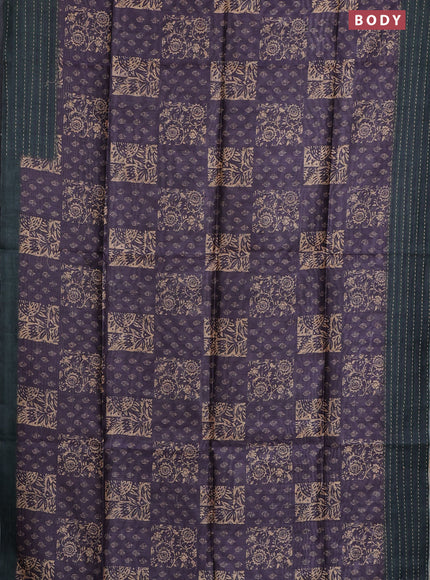 Semi tussar saree purple and dark green with allover batik prints and katha stitch work pallu & border