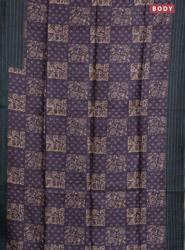 Semi tussar saree purple and dark green with allover batik prints and katha stitch work pallu & border