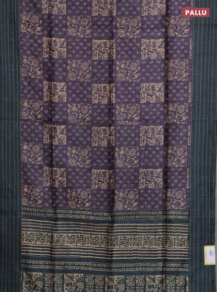 Semi tussar saree purple and dark green with allover batik prints and katha stitch work pallu & border