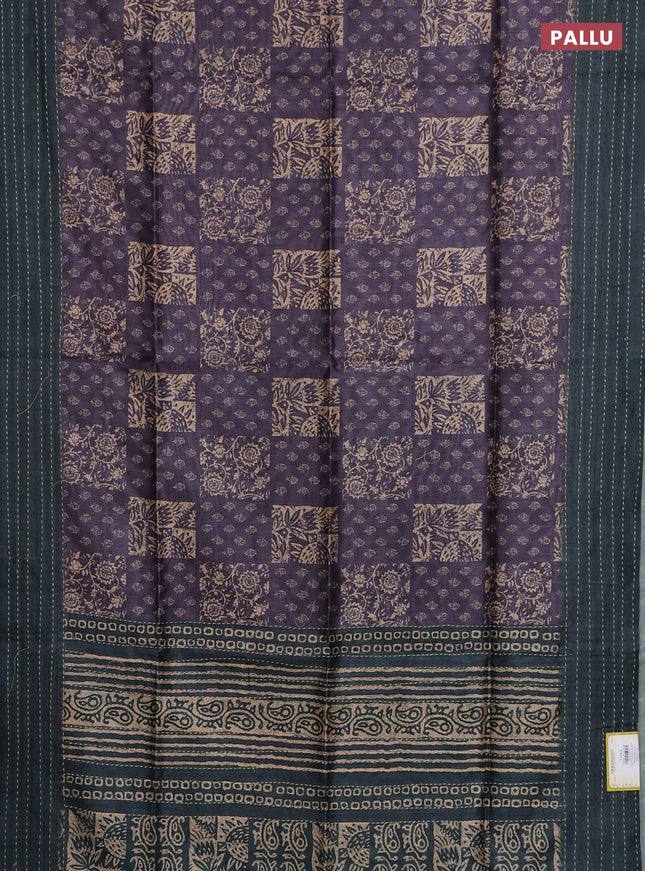Semi tussar saree purple and dark green with allover batik prints and katha stitch work pallu & border