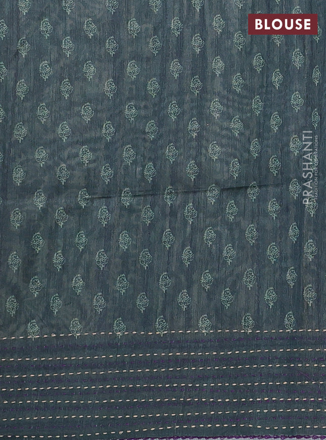 Semi tussar saree purple and dark green with allover batik prints and katha stitch work pallu & border