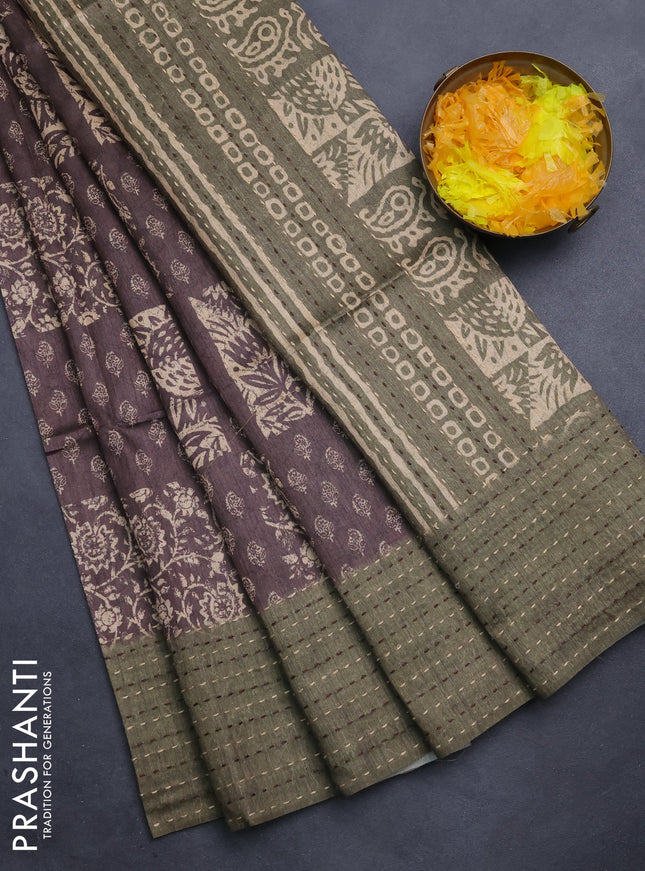 Semi tussar saree coffee brown and dark sap green with allover batik prints and katha stitch work pallu & border