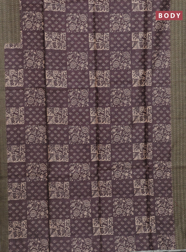 Semi tussar saree coffee brown and dark sap green with allover batik prints and katha stitch work pallu & border