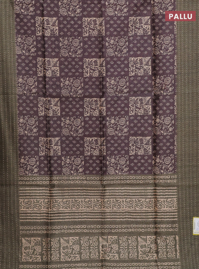 Semi tussar saree coffee brown and dark sap green with allover batik prints and katha stitch work pallu & border
