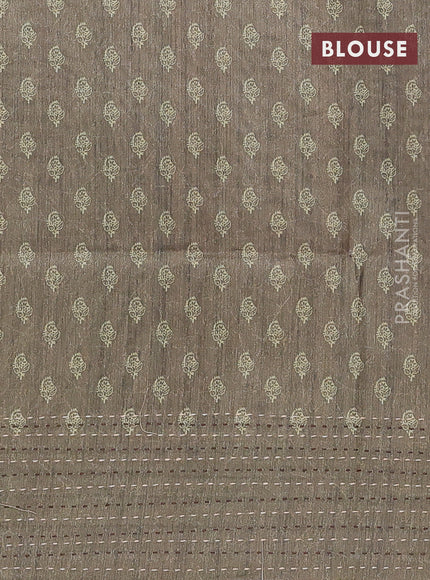 Semi tussar saree coffee brown and dark sap green with allover batik prints and katha stitch work pallu & border