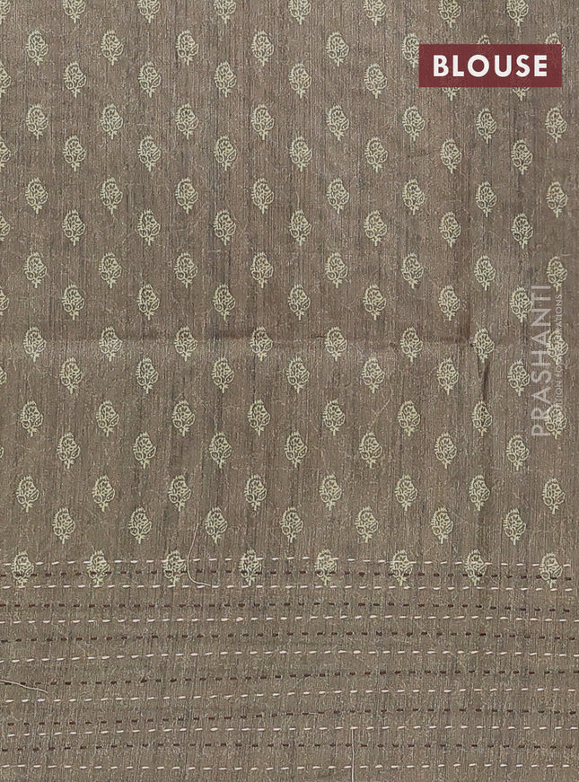 Semi tussar saree coffee brown and dark sap green with allover batik prints and katha stitch work pallu & border