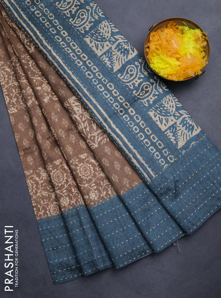 Semi tussar saree dark sandal and peacock green with allover batik prints and katha stitch work pallu & border