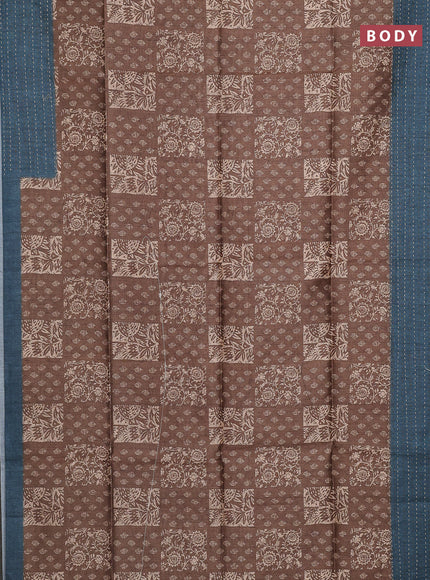 Semi tussar saree dark sandal and peacock green with allover batik prints and katha stitch work pallu & border