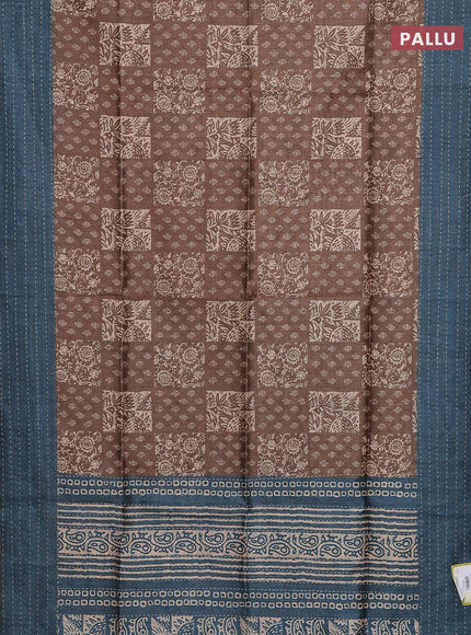 Semi tussar saree dark sandal and peacock green with allover batik prints and katha stitch work pallu & border