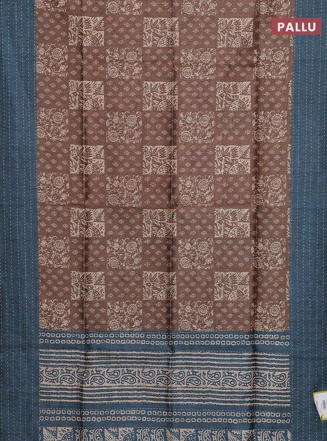 Semi tussar saree dark sandal and peacock green with allover batik prints and katha stitch work pallu & border