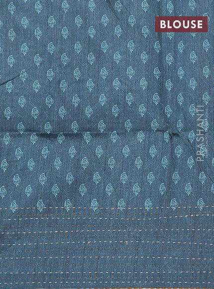 Semi tussar saree dark sandal and peacock green with allover batik prints and katha stitch work pallu & border