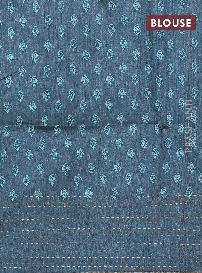 Semi tussar saree dark sandal and peacock green with allover batik prints and katha stitch work pallu & border