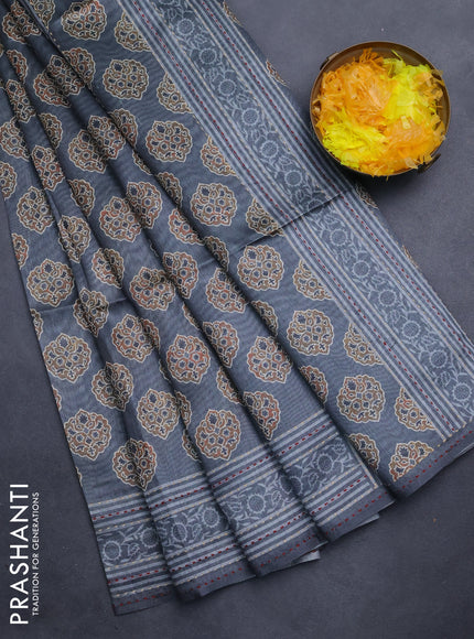 Semi tussar saree grey with allover ajrakh butta prints and katha stitch work pallu & border