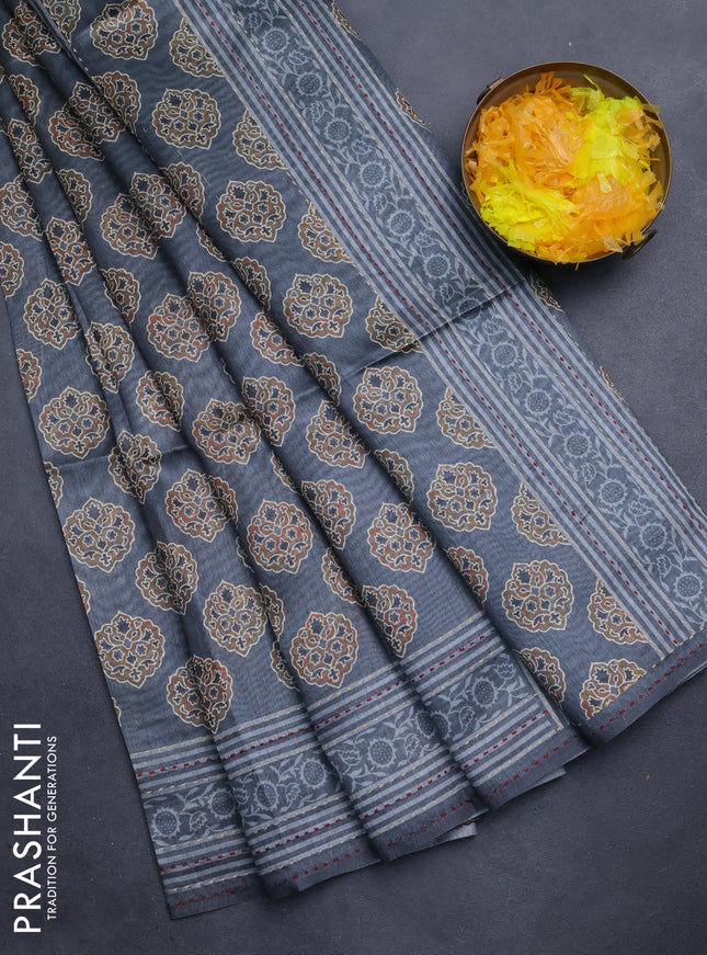 Semi tussar saree grey with allover ajrakh butta prints and katha stitch work pallu & border
