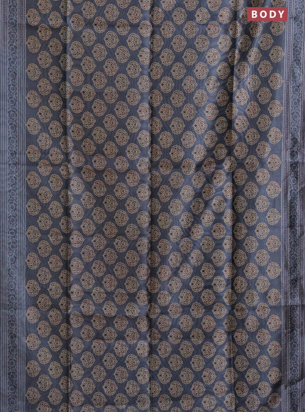 Semi tussar saree grey with allover ajrakh butta prints and katha stitch work pallu & border