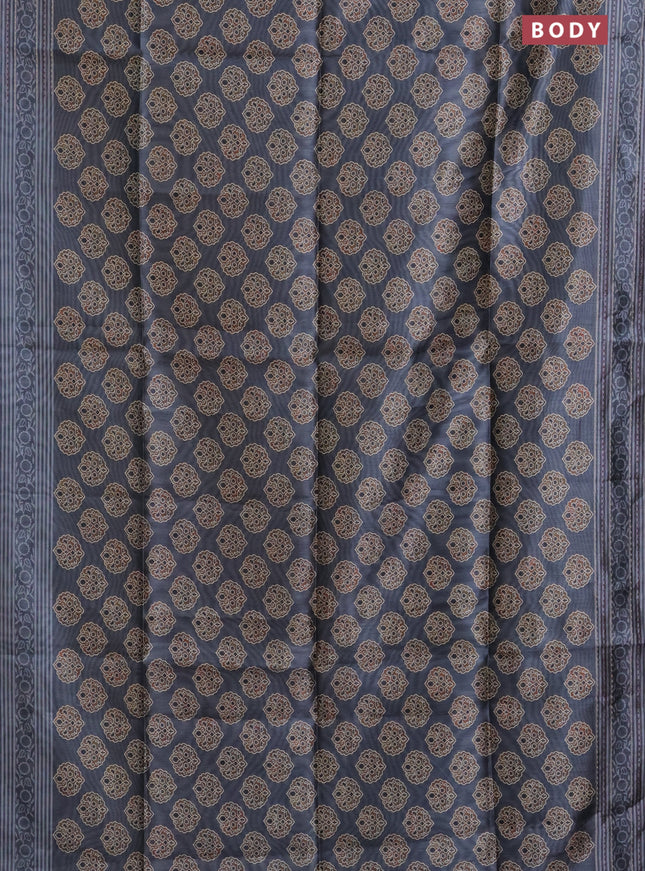Semi tussar saree grey with allover ajrakh butta prints and katha stitch work pallu & border