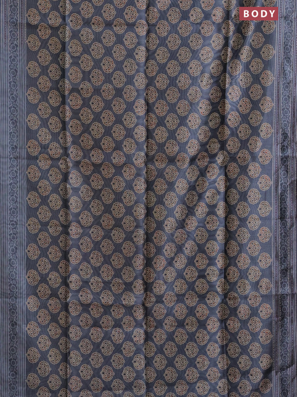 Semi tussar saree grey with allover ajrakh butta prints and katha stitch work pallu & border