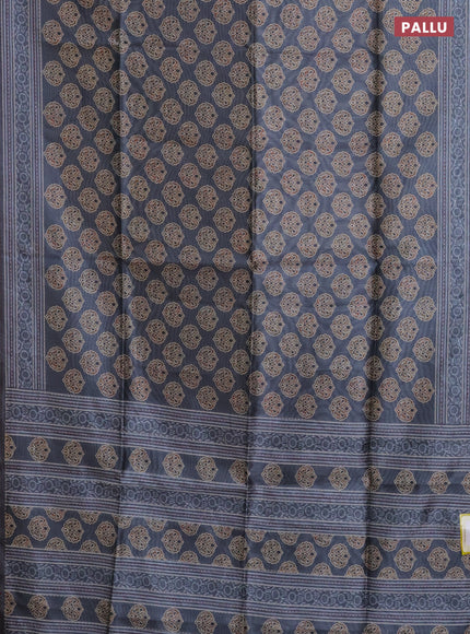 Semi tussar saree grey with allover ajrakh butta prints and katha stitch work pallu & border