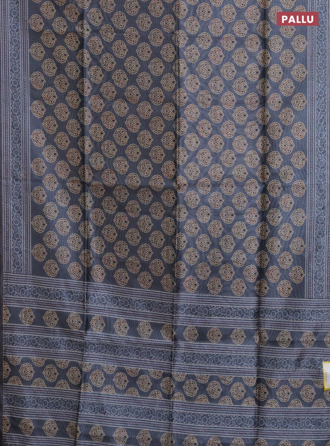 Semi tussar saree grey with allover ajrakh butta prints and katha stitch work pallu & border