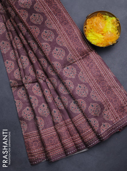 Semi tussar saree coffee brown with allover ajrakh butta prints and katha stitch work pallu & border