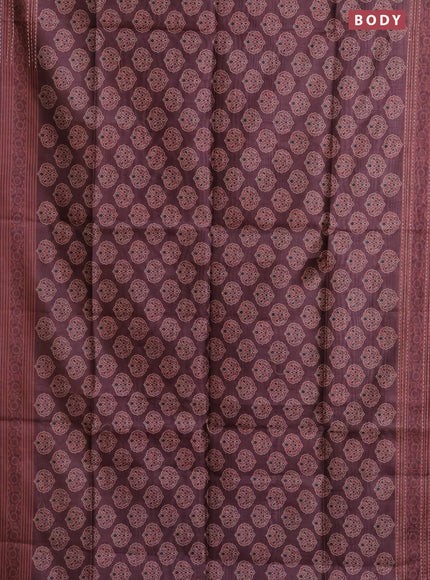 Semi tussar saree coffee brown with allover ajrakh butta prints and katha stitch work pallu & border