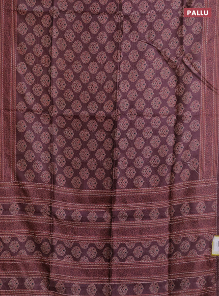 Semi tussar saree coffee brown with allover ajrakh butta prints and katha stitch work pallu & border