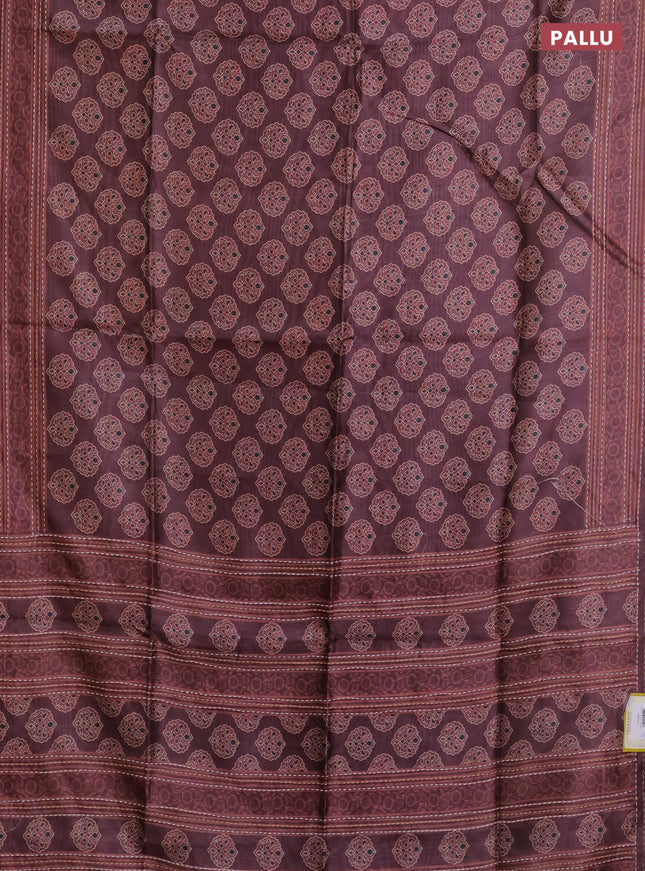 Semi tussar saree coffee brown with allover ajrakh butta prints and katha stitch work pallu & border
