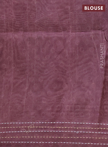 Semi tussar saree coffee brown with allover ajrakh butta prints and katha stitch work pallu & border