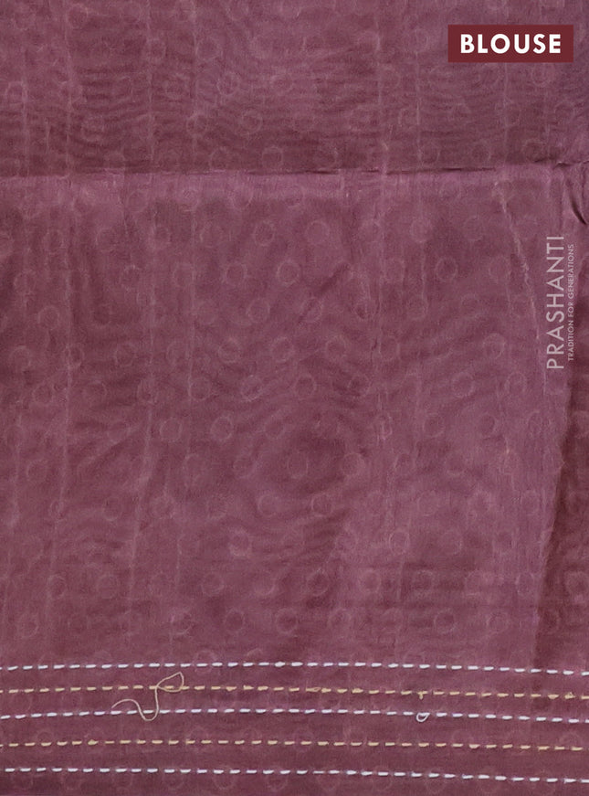 Semi tussar saree coffee brown with allover ajrakh butta prints and katha stitch work pallu & border