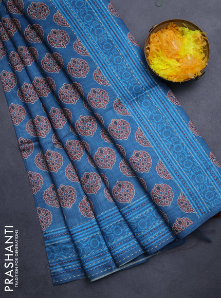 Semi tussar saree cs blue with allover ajrakh butta prints and katha stitch work pallu & border