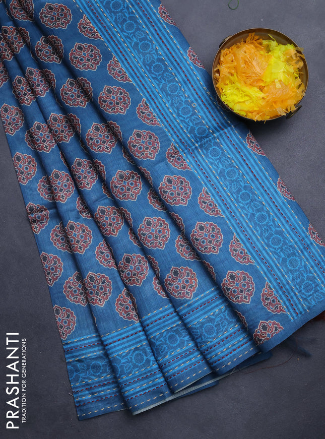 Semi tussar saree cs blue with allover ajrakh butta prints and katha stitch work pallu & border