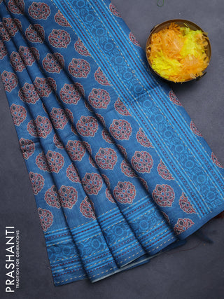Semi tussar saree cs blue with allover ajrakh butta prints and katha stitch work pallu & border