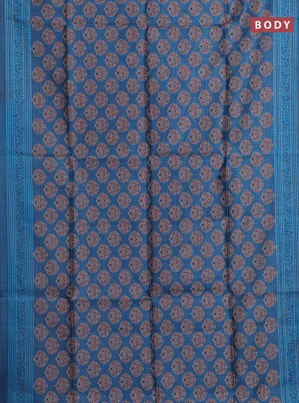 Semi tussar saree cs blue with allover ajrakh butta prints and katha stitch work pallu & border