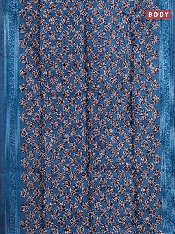 Semi tussar saree cs blue with allover ajrakh butta prints and katha stitch work pallu & border
