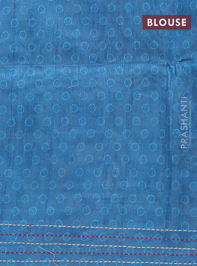 Semi tussar saree cs blue with allover ajrakh butta prints and katha stitch work pallu & border