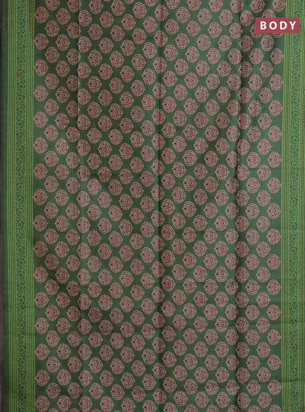Semi tussar saree green with allover ajrakh butta prints and katha stitch work pallu & border