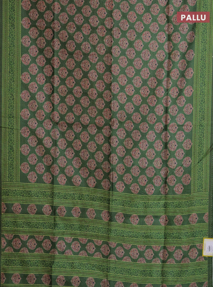 Semi tussar saree green with allover ajrakh butta prints and katha stitch work pallu & border