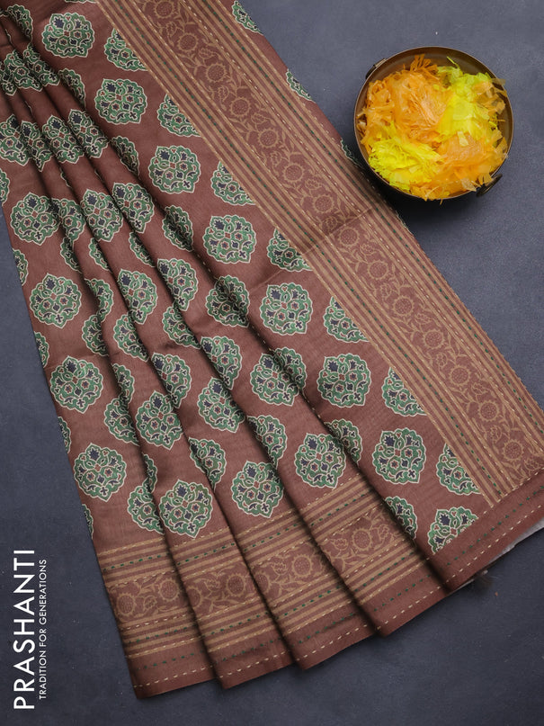 Semi tussar saree brown with allover ajrakh butta prints and katha stitch work pallu & border