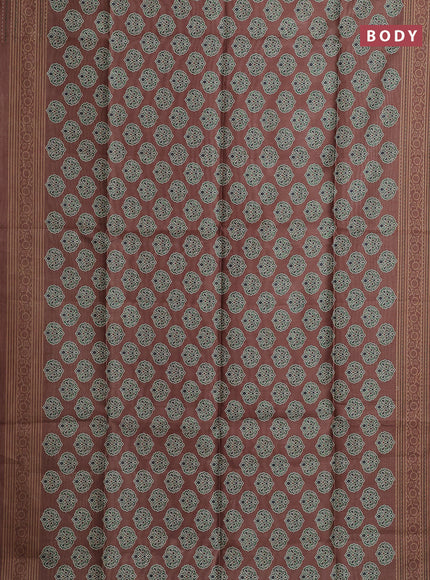 Semi tussar saree brown with allover ajrakh butta prints and katha stitch work pallu & border